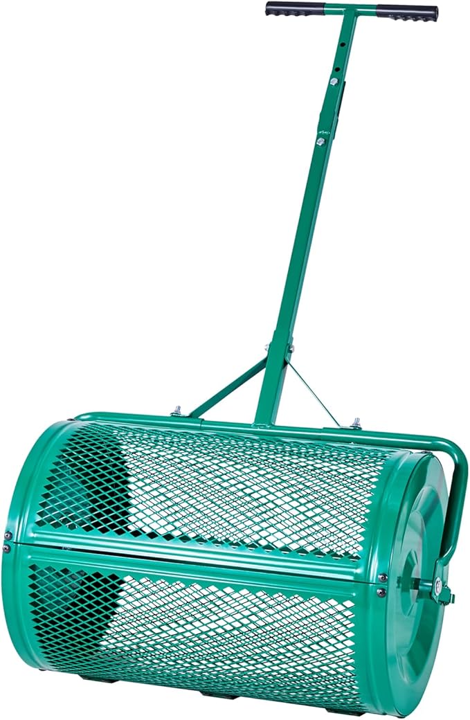 VEVOR Compost Spreader, 24 in Wide Peat Moss Spreader with Push/Tow Handle, 4 Heights Adjustable, Powder-Coated Steel Garden Peat Moss Roller, Heavy Duty Grass Seed Spreaders for Planting Seeding