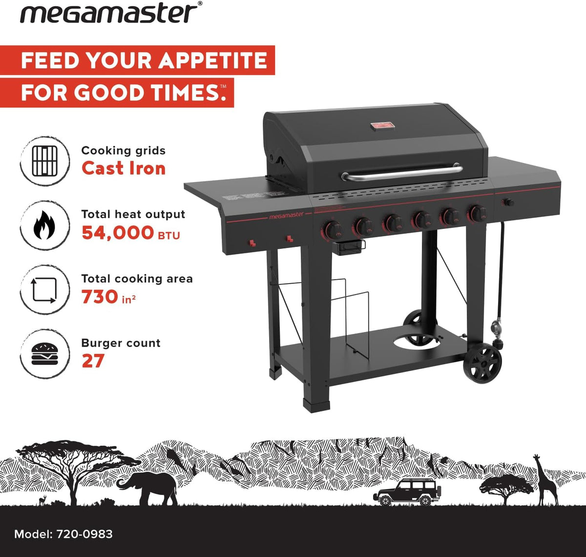6-Burner Propane Barbecue Gas grill, Side Shelves With Hooks, for Camping, Outdoor Cooking, Patio, Garden Barbecue Grill, Open Cart With Side Tables, Black
