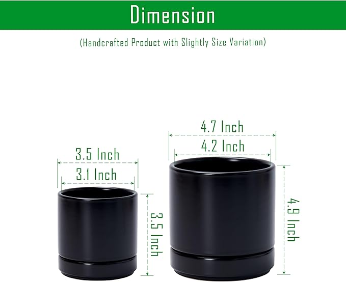 D'vine Dev 3.5 Inch & 4.7 Inch Ceramic Planter Pots for Plants with Drainage Hole and Saucer, X-Small Plant Pots Set, Black, 94-G-XS-2