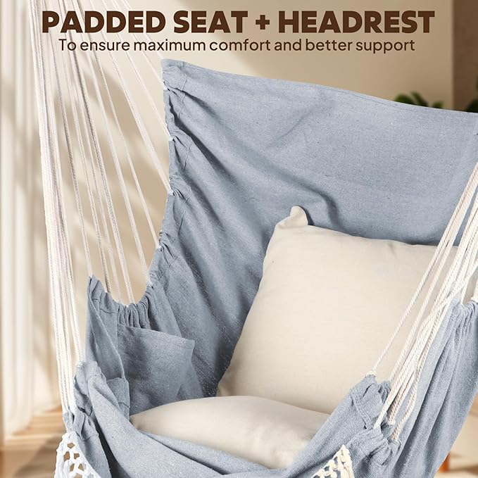 Chihee Hammock Chair Hanging Chair with Foot Rest 2 Cushions Max 500lbs Robust Metal Spreader Bar Collapsible Easy Storage Soft Cotton Swing Chair Strong Strap Iron Carabiner Side Pocket Included