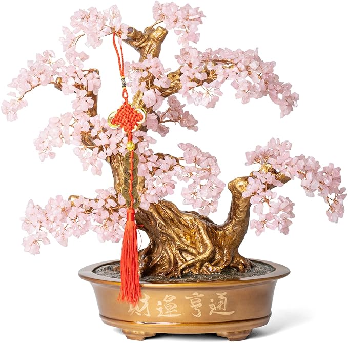 Natural Rose Quartz Gemstone Crystal Bonsai Tree of Life（1,350 Gemstone Count） Large Feng Shui Money Chakra Tree for Luck and Wealth Decoration 20 Inches