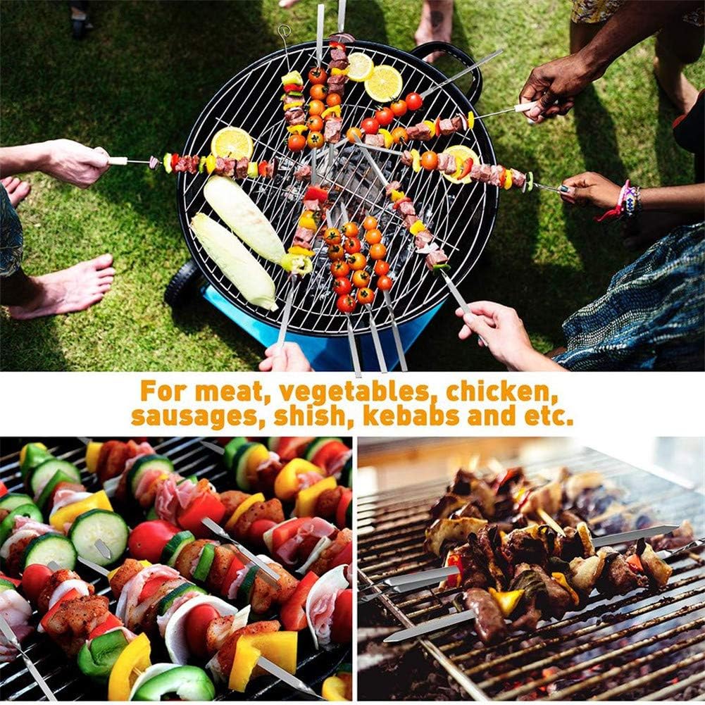 12PCS Kabob Skewers Flat Metal BBQ Barbecue Skewer 14" Long Stainless Steel Shish Kebob Sticks Wide Reusable Grilling Skewers Set for Meat Shrimp Chicken Vegetable, 12 Pack
