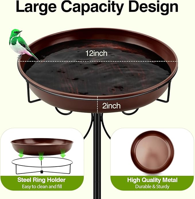 Daoeny Heavy Duty Bird Baths for Outdoors, 35In Outdoor Freestanding Birdbaths & Birdfeeder, Bird Bath Feeder Bowl with Metal Stake Garden Patio Yard Lawn Decor, Upgraded 5-Pronged Base (Brown)