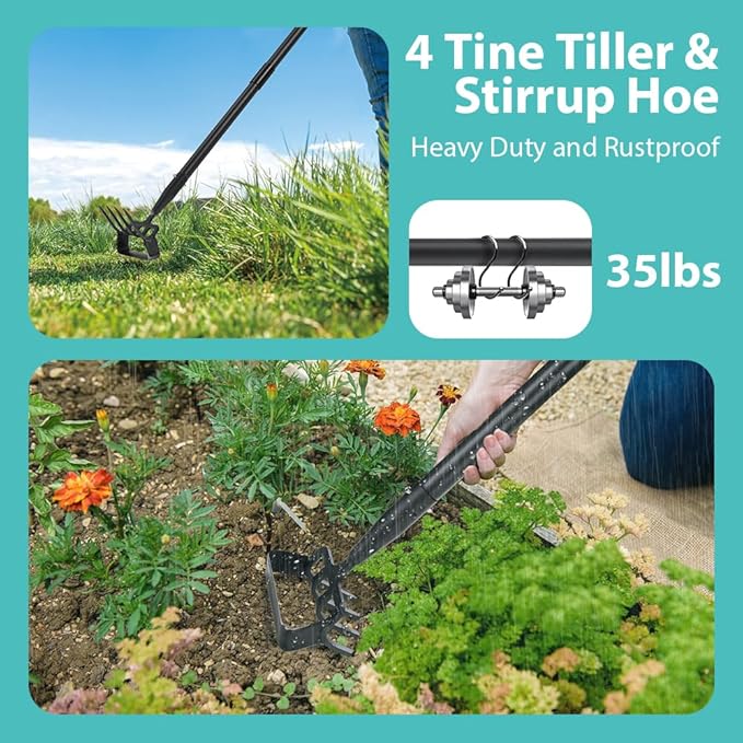 Upgraded Hula Hoe and Garden Hoe, Stirrup Hoe with Adjustable Handle for Weeding Digger loosening Soil Metal Garden Cultivator Hula Hoe with Rake Tiller Cultivator (30-73 Inch)
