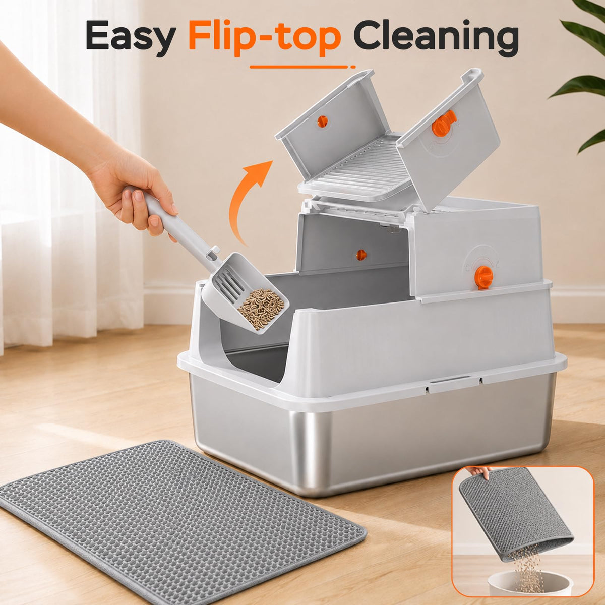 Devopet Stainless Steel Litter Box with Lid, Enclosed Metal Cat Litter Box for Kittens and Small Cats, Odor Control, Easy to Clean, Includes Scoop & Litter Mat