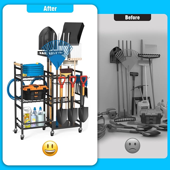 NADAMOO Garden Tool Organizer with Rolling Wheel, 3-tier Metal Shelf Yard Tool Holder, Utility Stand Rack for Garage Organization and Storage, Hold Long-Handled Rakes, Shovel, Broom