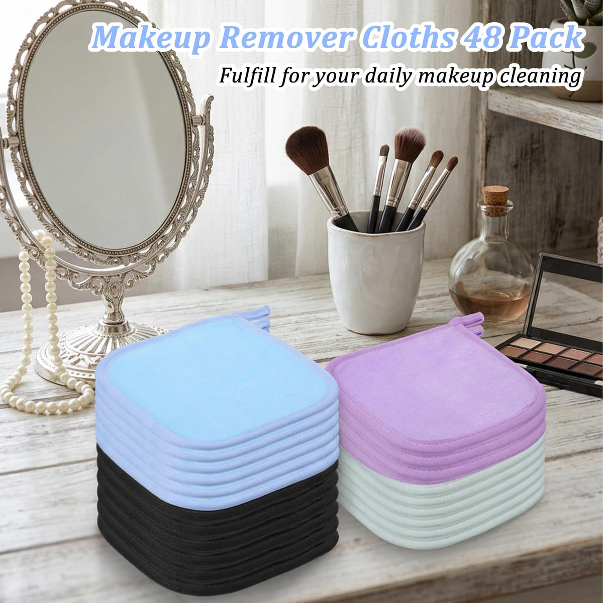 Limbeuuu 48 Pcs Makeup Remover Cloth Reusable Makeup Remover Pads Soft Microfiber Face Towels Facial Cleansing Cloths for Face Hand Eye Lips Bathroom Gift for Women 6.3 x 5.5 Inch(8 Colors)