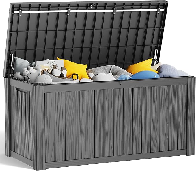150 Gallon Deck Box,Resin Outdoor Storage Box with Lockable for Patio Furniture, Pool Accessories, Garden Tools Waterproof Outside Storage Box, Black