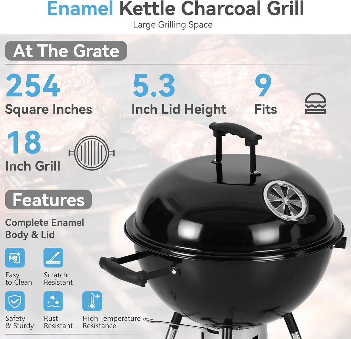 GREEN PARTY 18 inch Kettle Charcoal BBQ Grill with Wheels, Portable Charcoal Grill with Porcelain-Enameled Lid & Ash Catcher for Outdoor Cooking Barbecue Camping Picnics Tailgating