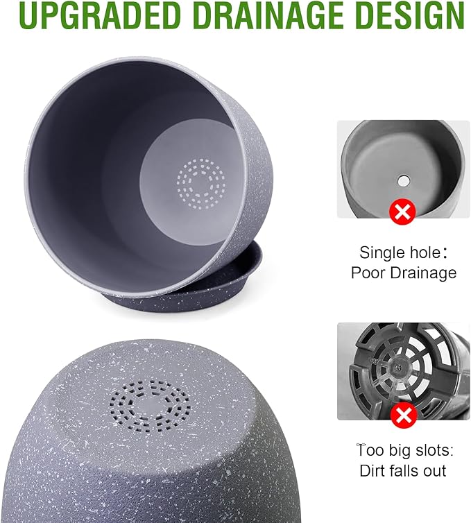 10/9/8 inch Plant Pots, Set of 3 Modern Decorative Plastic Planters with Drainage Holes and Saucers for Garden House Plants, Flower Pots for Indoor Outdoor Plants, Speckled Grey