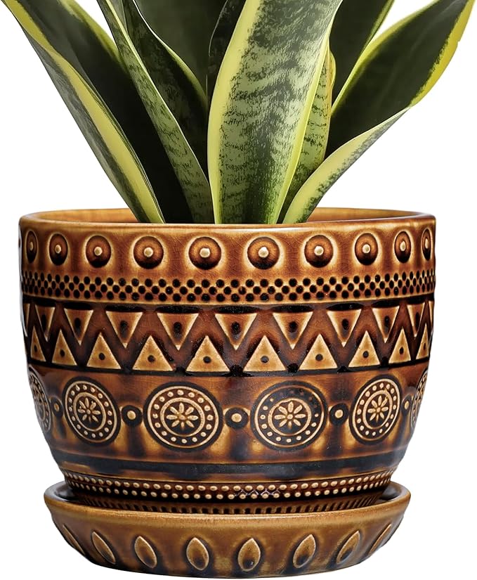 G EPGardening Ceramic Pot for Plants 5.5 Inch - Ceramic Plant Pot with Drainage Hole and Saucer, Boho Round Planter for Indoor Outdoor Plants, Plant Lover Gifts, Office Garden House Decor, Brown