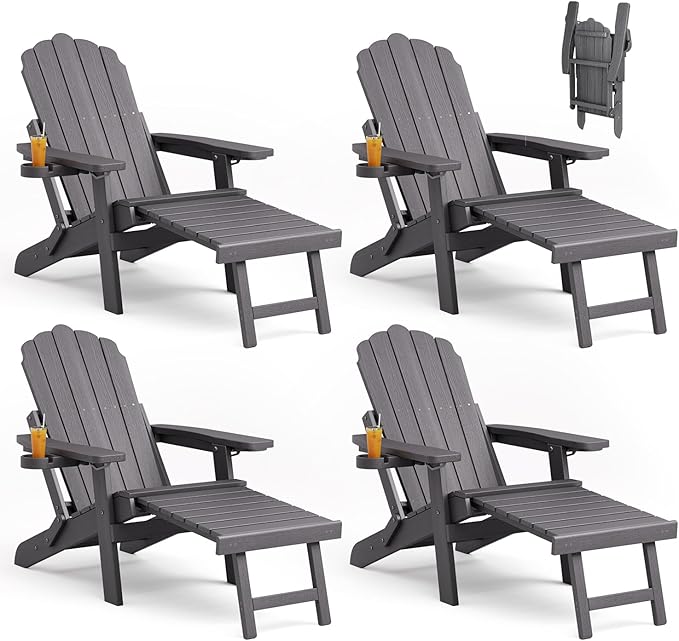 Folding Adirondack Chair Set of 4 with Adjustable Backrest, Adirondack Chair with Retractable Ottoman with 2 Cup Holders, for Pool Deck Beach Garden, Grey