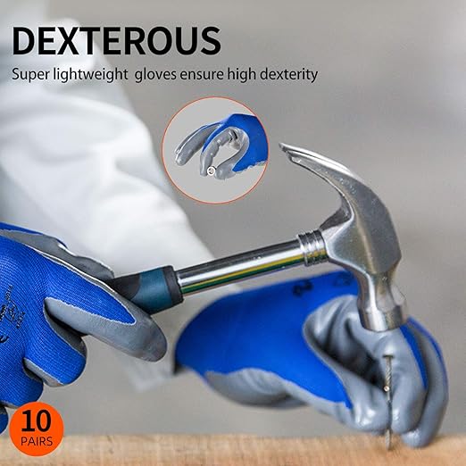 Vgo... 10-Pairs Safety Work Gloves, Gardening Gloves, Non-slip Nitrile coating, Dipping Gloves (Size L, Blue, NT2110)