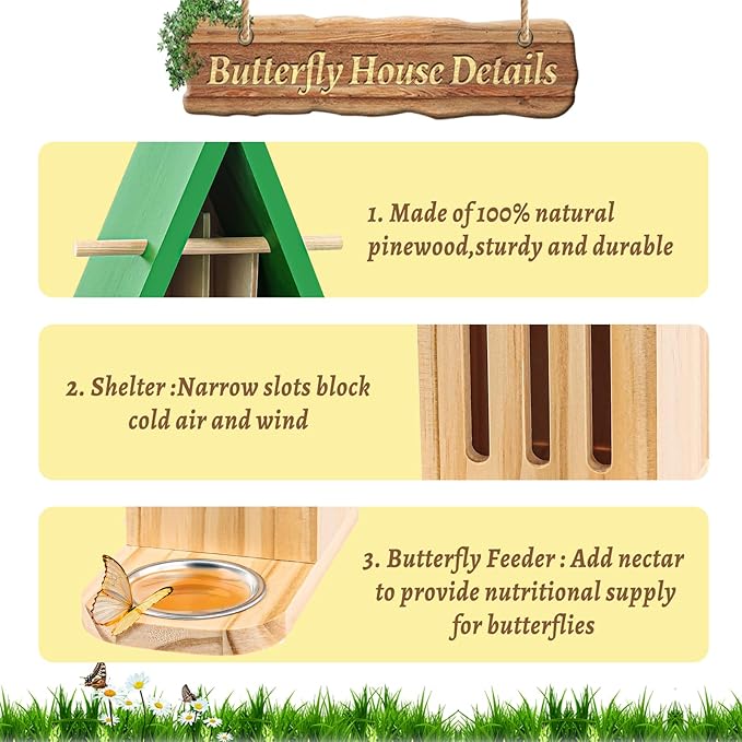 Butterfly House and Feeder for Outside, Wooden Butterfly House for Garden, Natural Butterfly Habitat with Butterfly Puddler on The Floor or Hanging on Tree Wall