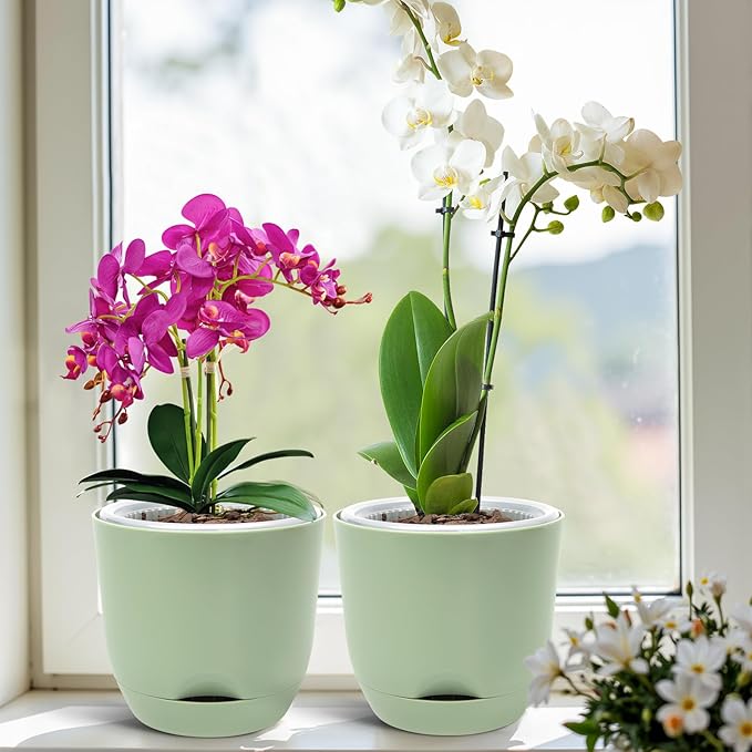 QCQHDU 2 Pack Orchid Pots with Holes for Repotting, Double-Layer and Self Watering Orchid Pot with Good Air Circulation