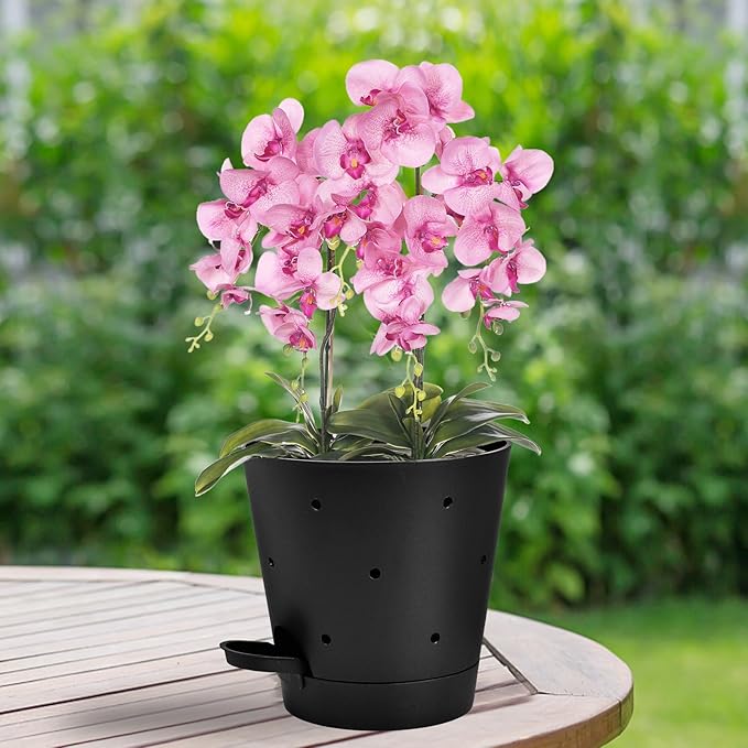 Orchid Pots with Holes, 6 Inch Self Watering Orchid Pot 2 Pack Plastic Plant Pots for Orchid, Flower (Black)