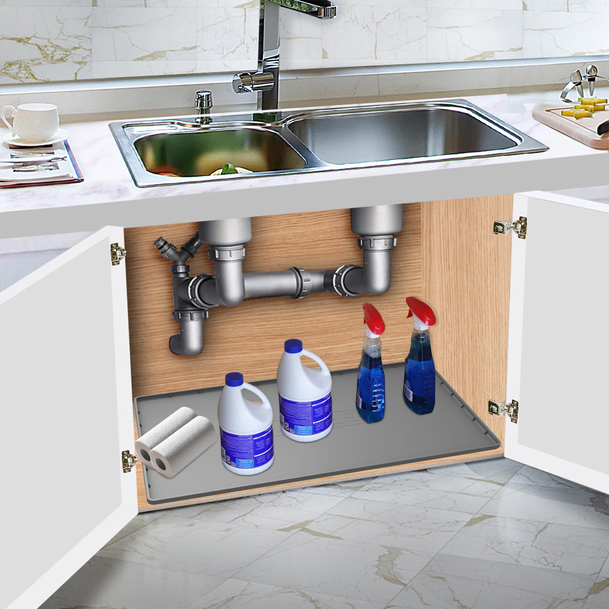 Under Sink Mat for Kitchen Waterproof, 34" x 22" Silicone Under Sink Liner Kitchen & Bathroom Cabinet Protector Mats, Heavy Duty Flexible Under Sink Drip Tray with Lip, Cool Grey