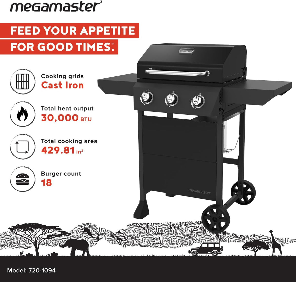 3-Burner Propane Gas Grill with Side Tables, 30,000BTUs, 429.81 SQ. In. Cooking Space, 2 Wheel Transport, Outdoor Kitchen Grill for BBQs, Backyards, Tailgating, and More - 720-1094