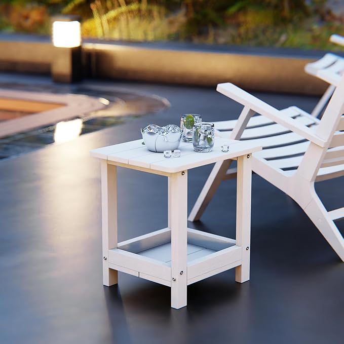 Outdoor Side Table for Garden, Lawn, Living Room Adirondack Tables for Outside 2-Tier HDPE Waterproof Small Outside Side Tables for Patio End Table for Adirondack Chair, 2 Pcs, White