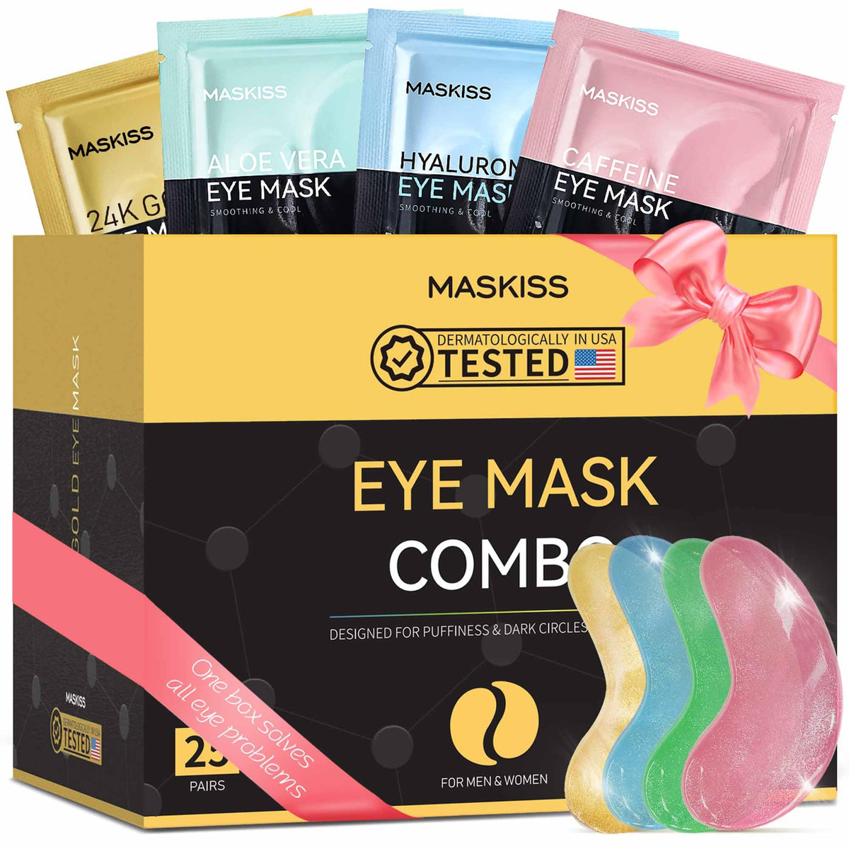 Maskiss Under Eye Patches(25 Pairs), 24K Gold, Caffeine, Hyaluronic Acid, Aloe Vera Eye Masks for Dark Circles Puffy Eyes Undereye Bags, Eye Skin Care Gift Set for Bachelorette Party Favors