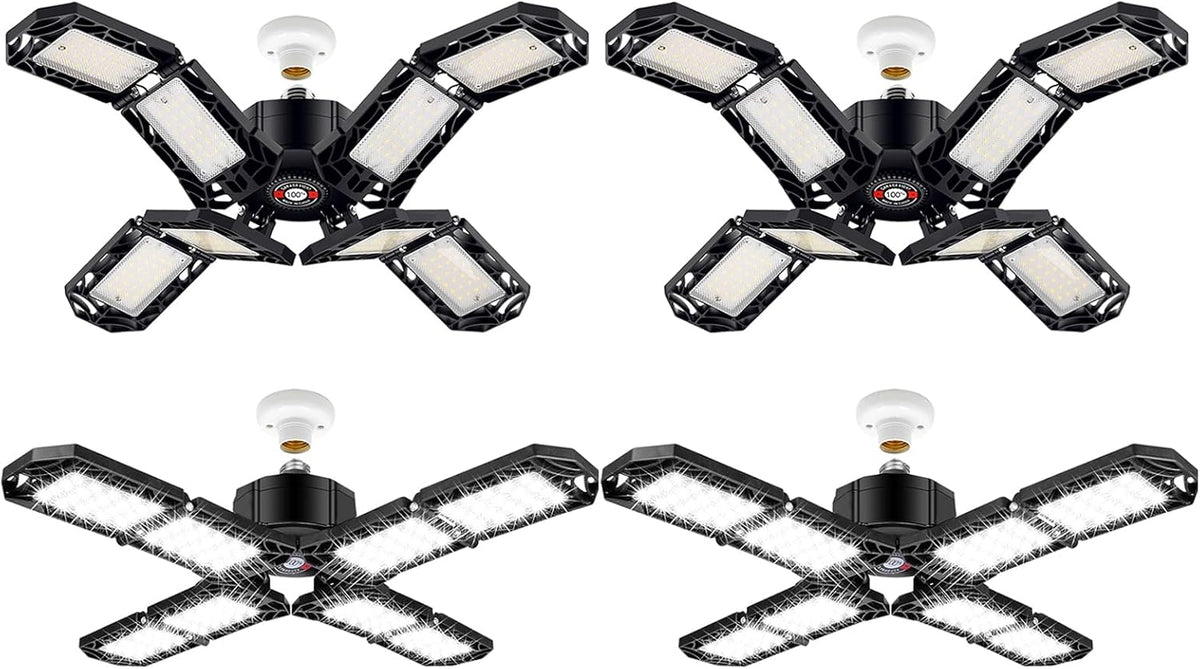 4 Pack LED Garage Light, Super Bright Screw in E26/E27 Ceiling Shop Work Lamp, 200W 20000 Lumen Deformable Basement Bulb Fixture with 8 Adjustable Panels