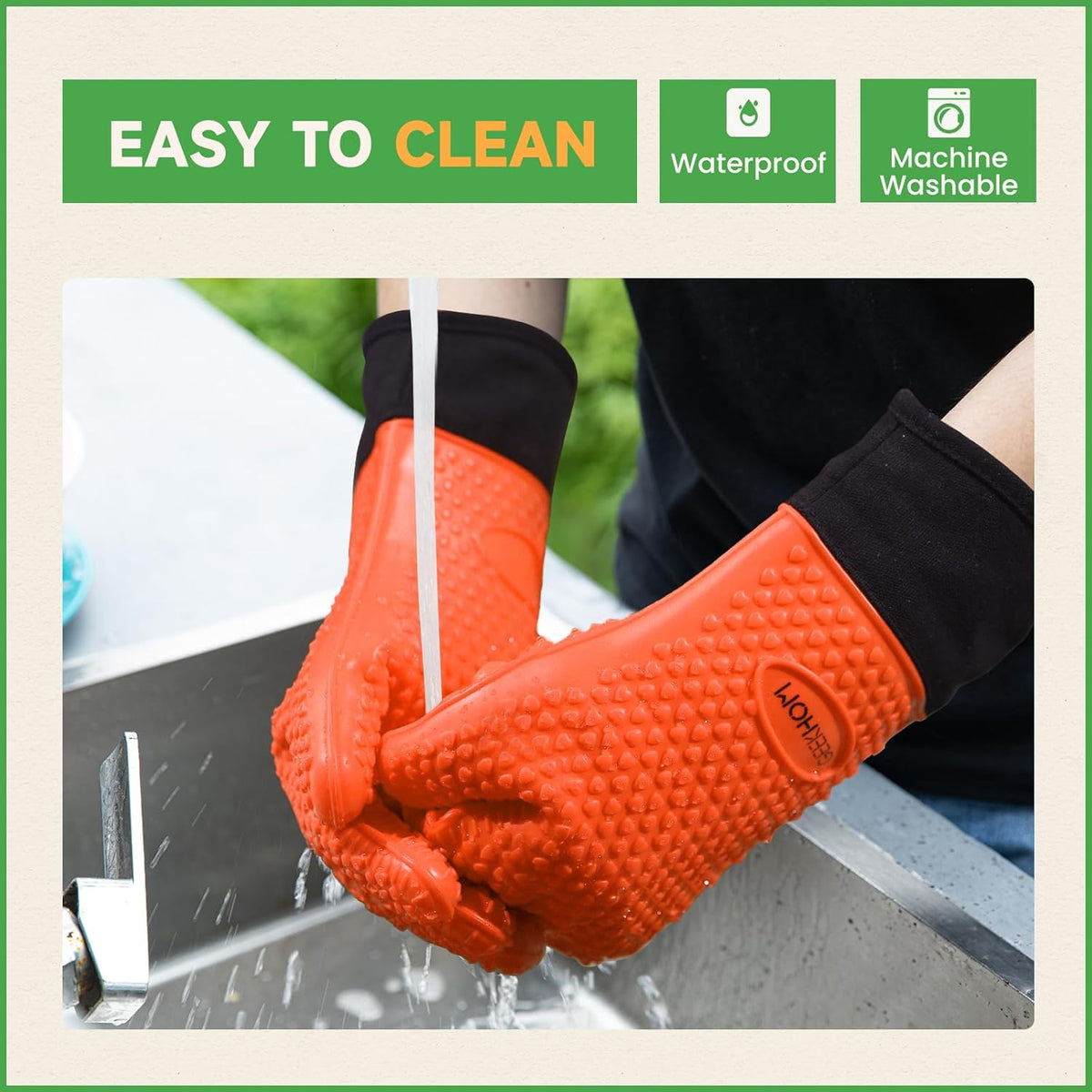 GEEKHOM BBQ Gloves Heat Resistant Oven Mitts - Silicone Grilling Gloves with 13.7" Arm Protection - Waterproof Pot Holder Non-Slip for Men & Women, Kitchen Outdoor Cooking, Baking, Camping, Orange