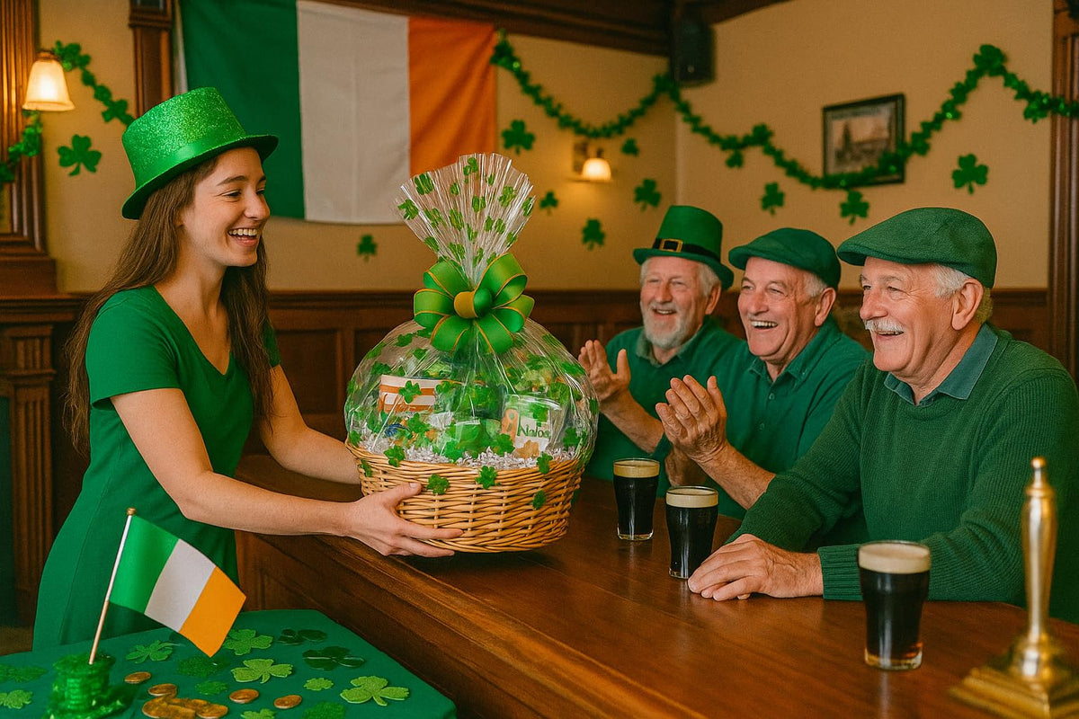 St. Patrick’s Day Gift Basket with Chocolate, Candy & Snacks - 18 Inch Shamrock Wrapped Gift Basket - Irish Holiday Treats for Family, Friends