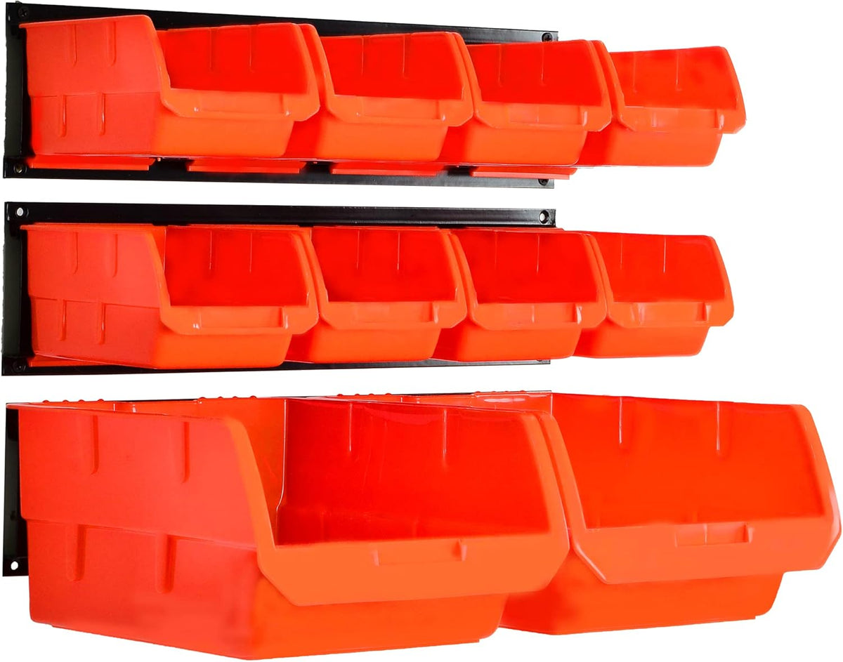 Wallmaster Wall Mounted Storage Bins, Wall Storage Bins Parts Rack 10 Bins&3 Rails Wall Mount Tool Organizer Hardware Storage Organizer (Orange)