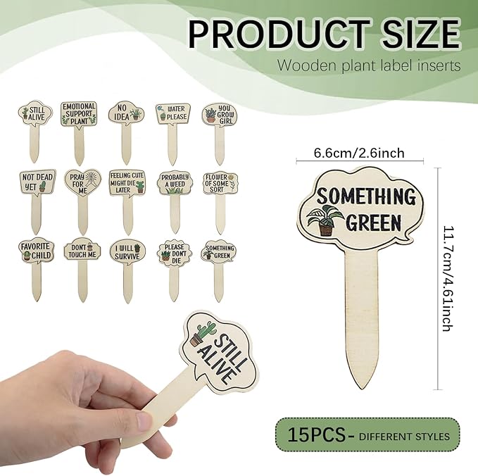 15pcs Funny Plant Signs Garden Markers Wooden Plant Labels Tab with Interesting Words Cute Patterns for Indoor and Outdoor Potted Used to Distinguish Potted Plants