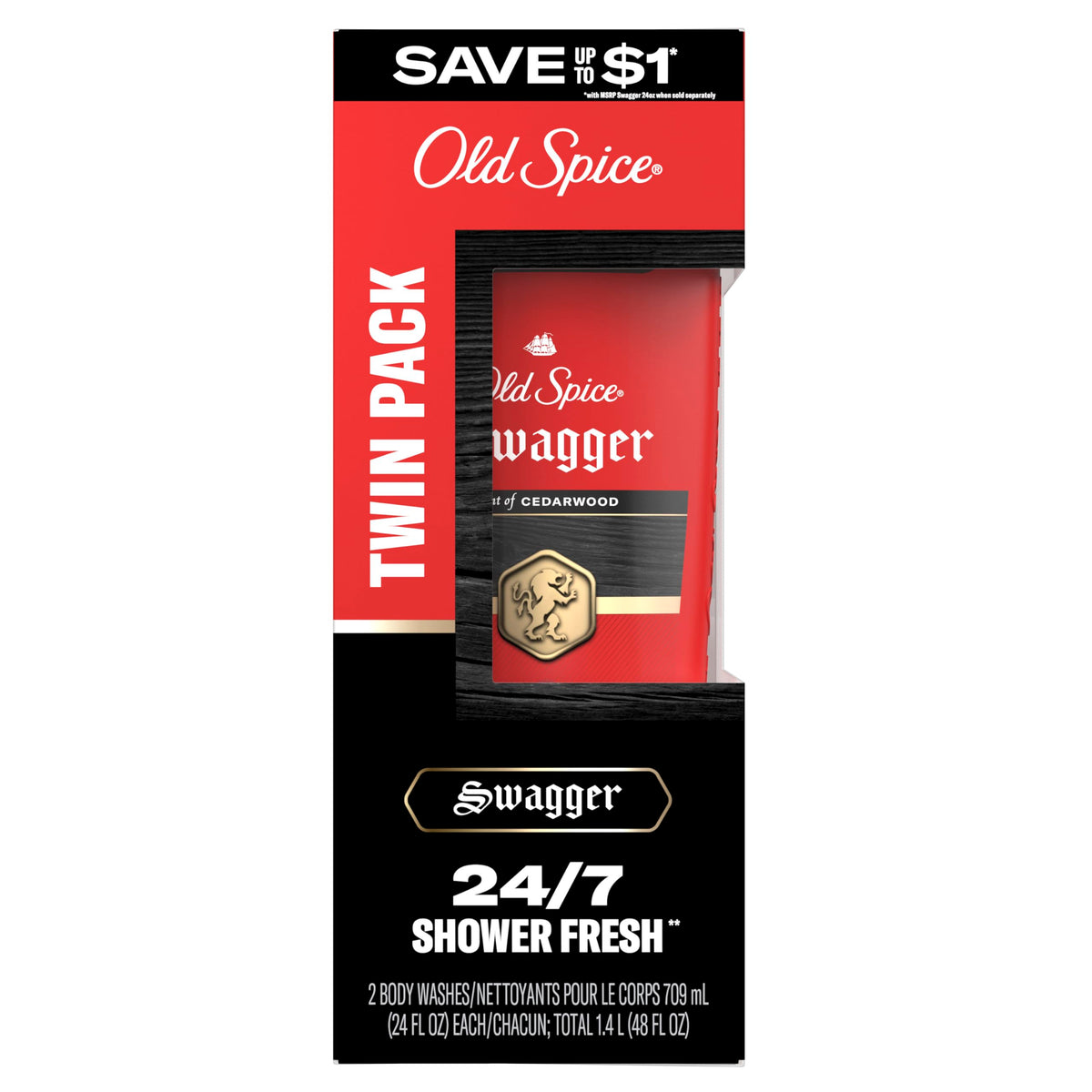 Old Spice Refreshing Body Wash for Men, 3X Defense, 24/7 Shower Fresh with Long Lasting Scent, Red Collection, Swagger with Cedarwood Scent, 24 oz (Pack of 2)