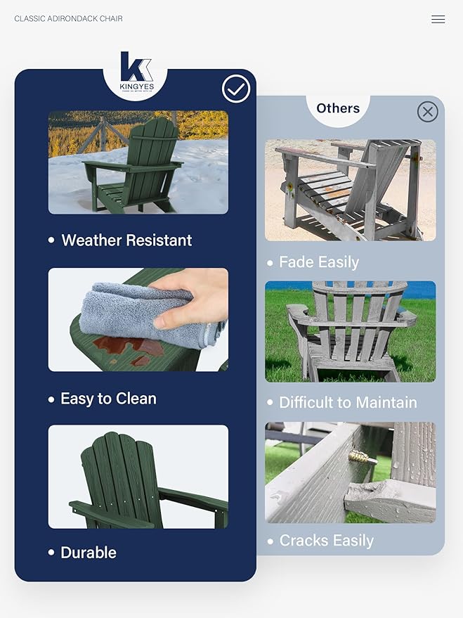 KINGYES HDPE Adirondack Chair, Classic Oversize Adirondack Chair, Green