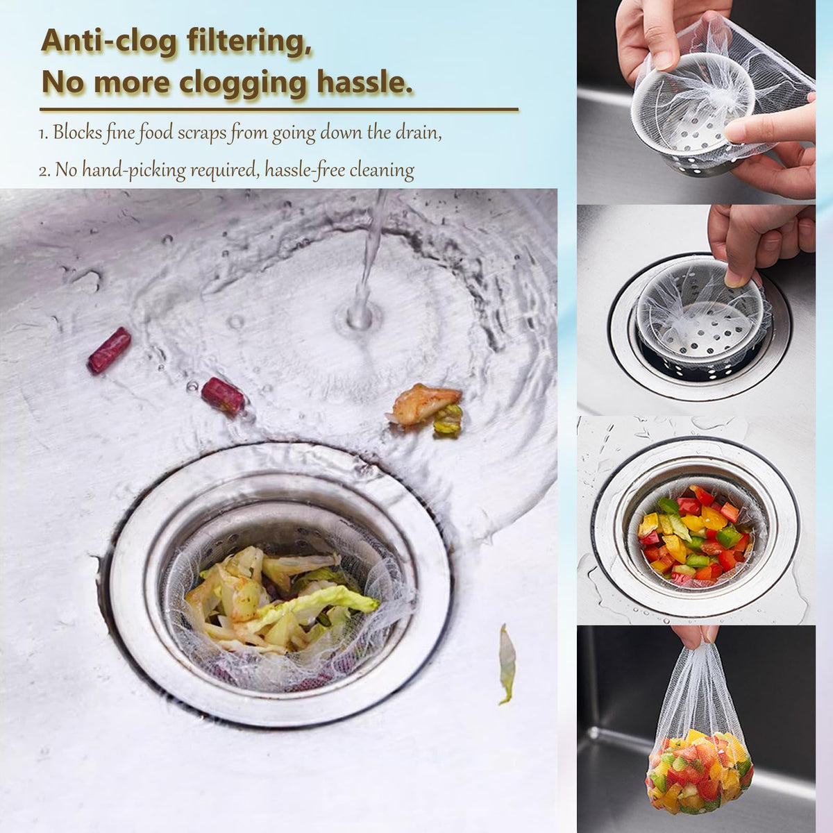 300 Filter Net Bags for Sink Drain Strainer with Storage & Dispenser Box