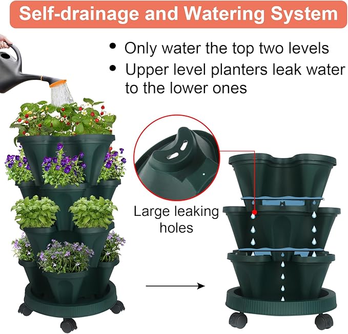 Vertical Planter 4 Tier Stackable Planters Garden Planters Strawberry Herb Flower and Vegetable Planter Indoor Outdoor Gardening Pots with Removable Wheels and Tools