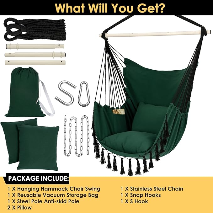 Y- STOP Hammock Chair Hanging Rope Swing, Max 500 Lbs, 2 Cushions Included, Large Macrame Hanging Chair with Pocket for Superior Comfort, with Hardware Kit, Green