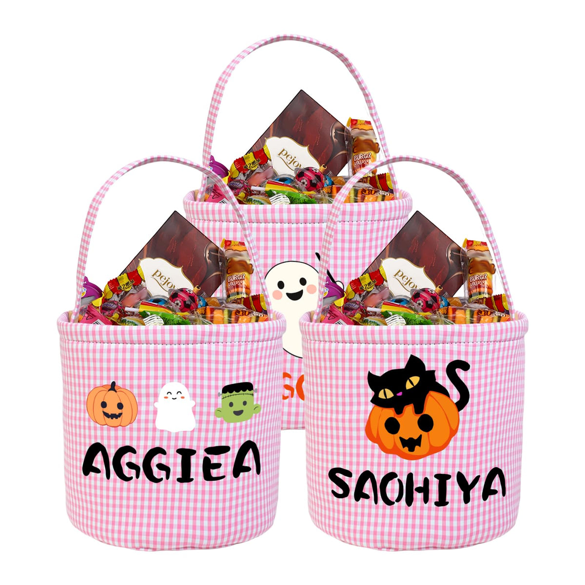 Personalized Halloween Basket, Halloween Candy Bucket with Name Large Capacity Trick or Treat Bags in 5 Colors (Pink)