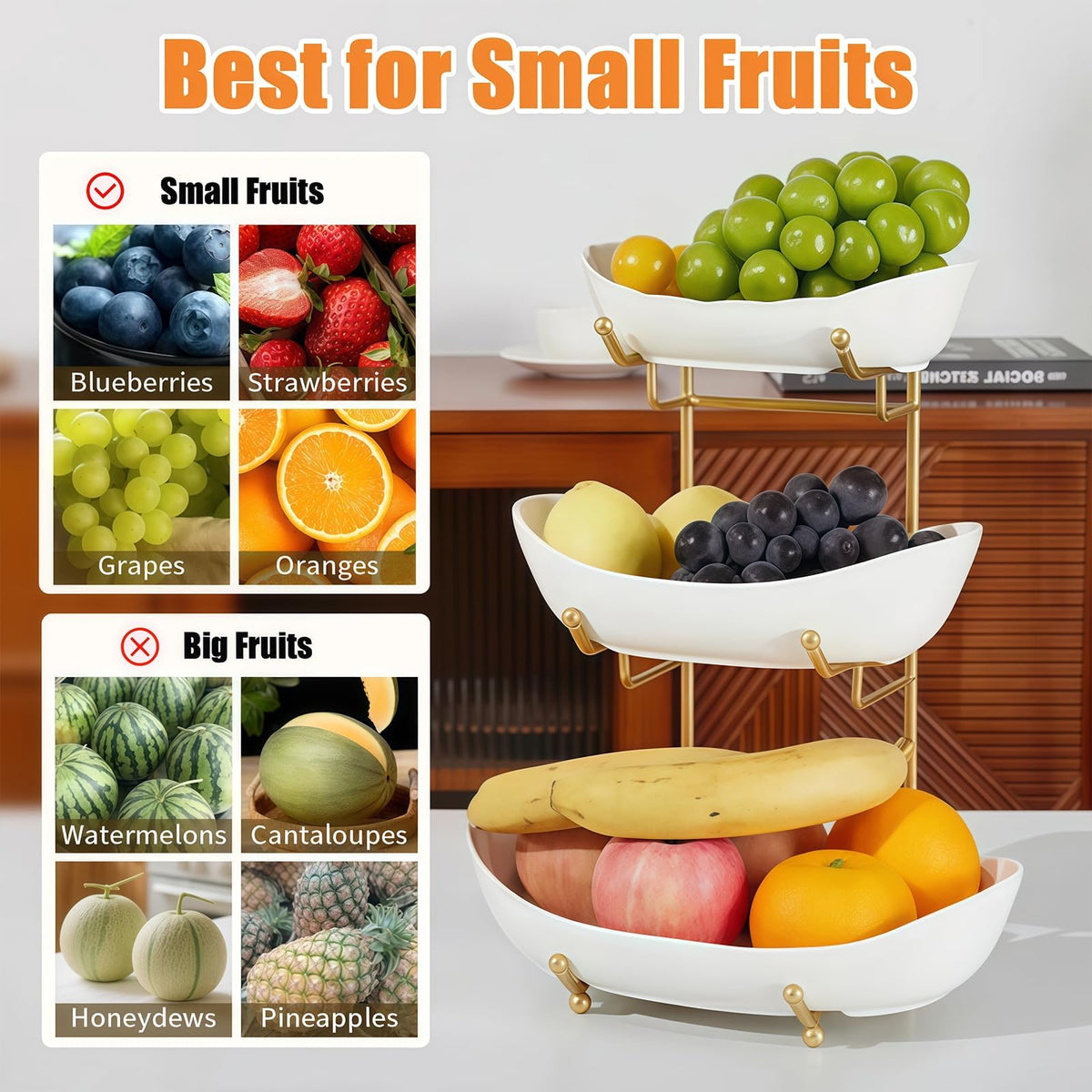 HOMKULA 3 Tier Fruit Basket, Ceramic Fruit Bowl for Kitchen Counter 6