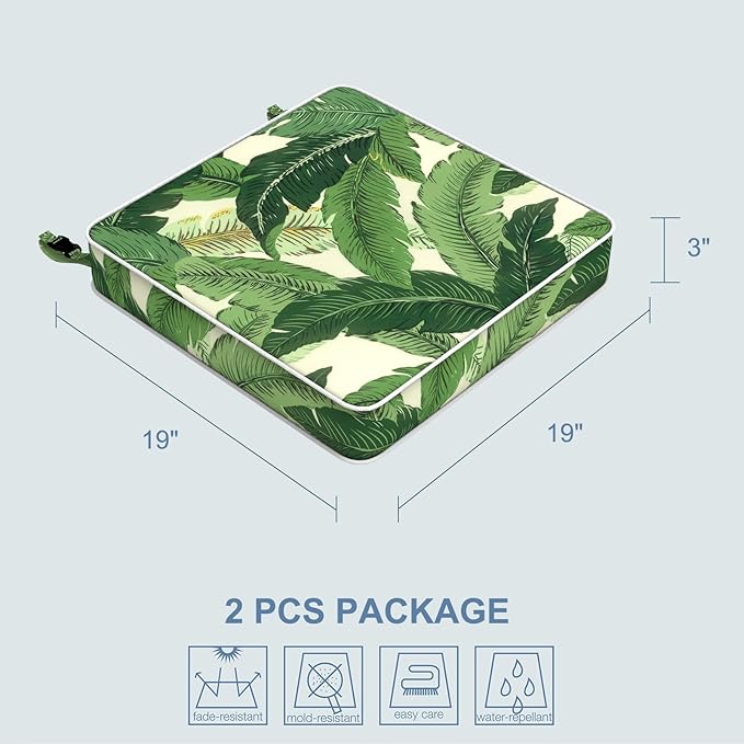 LVTXIII Patio Chair Cushions 19"x19"x3", Water-Repellent Outdoor Seat Cushions for Patio Furniture, Square Chair Pads with Ties for Home Garden Decoration, Set of 2, Swaying Palms Green