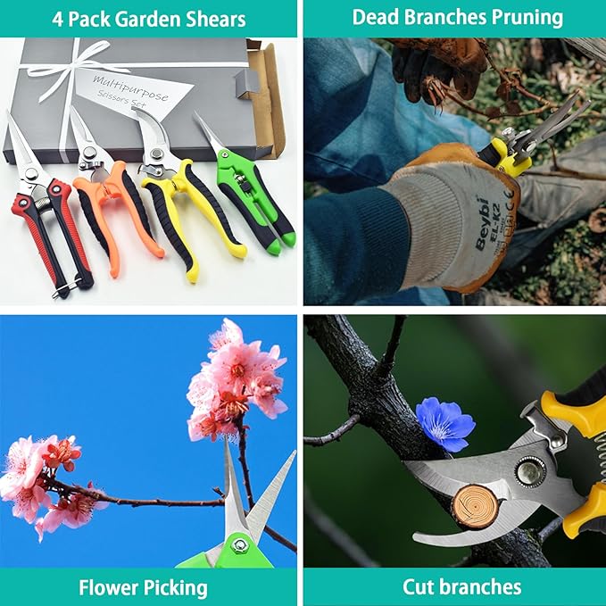 4 Pack Garden Pruning Shears Scissors Set, Stainless Steel Sharp Clippers Flower Shears Florist Scissors with Non-Slip Grip for Plant Tree Trimmers Secateurs
