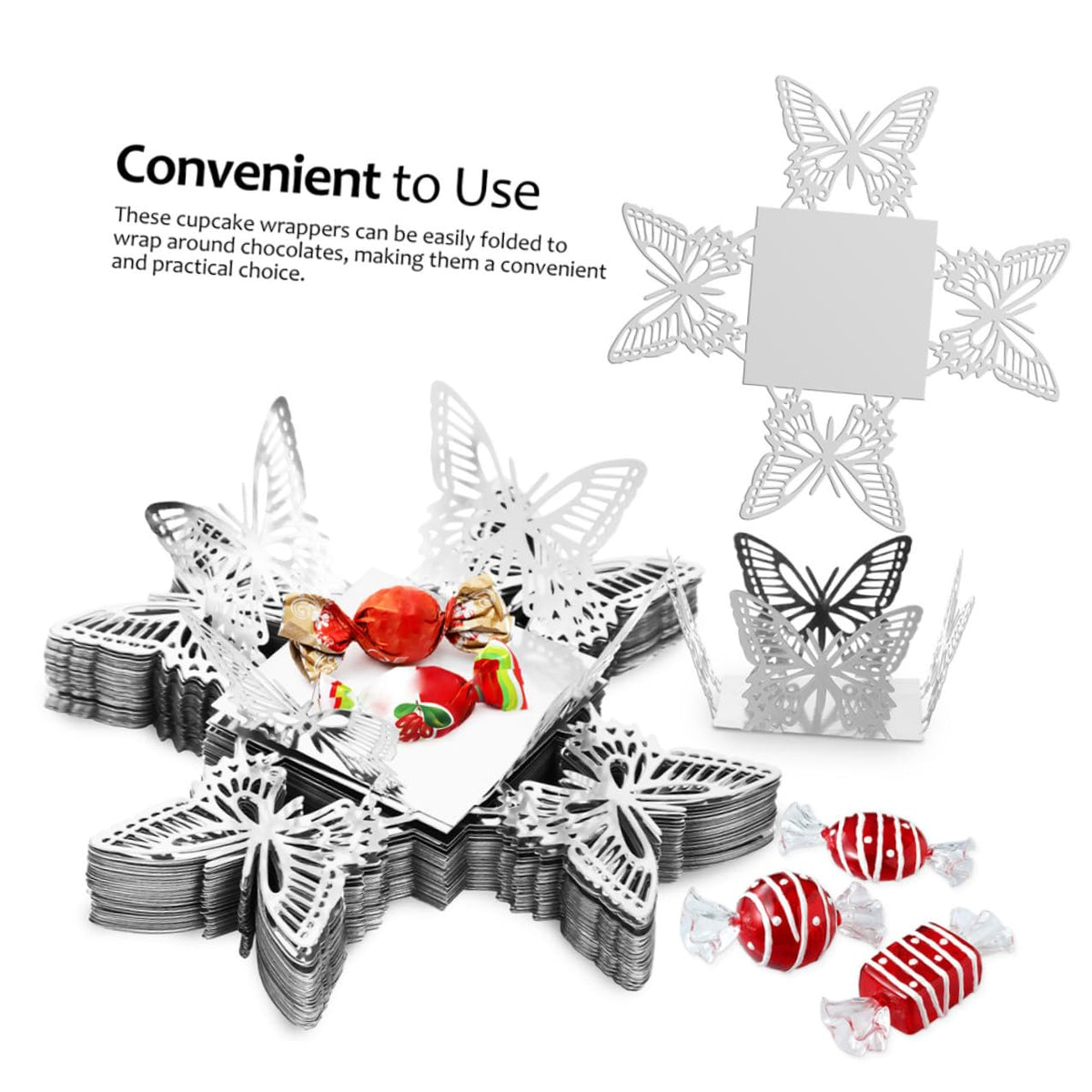 PRETYZOOM 100pcs Butterfly Truffle Wrappers Decorative Small Chocolate Cups Double-sided Reflective Silver Candy Paper Liners Party Table Decor