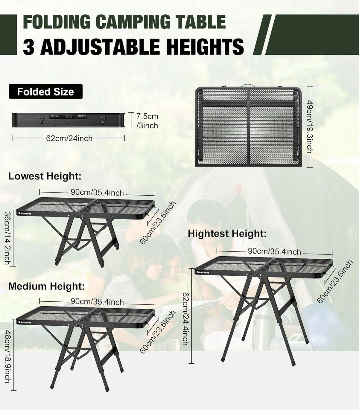 Foldable Grill Table with Mesh Desktop, 200lbs 3Ft Portable Folding Table, Height Adjustable Metal Table for Ourdoor, Camping, Picnic, BBQ and Beach, RV, 35.4" L x 23.6" W