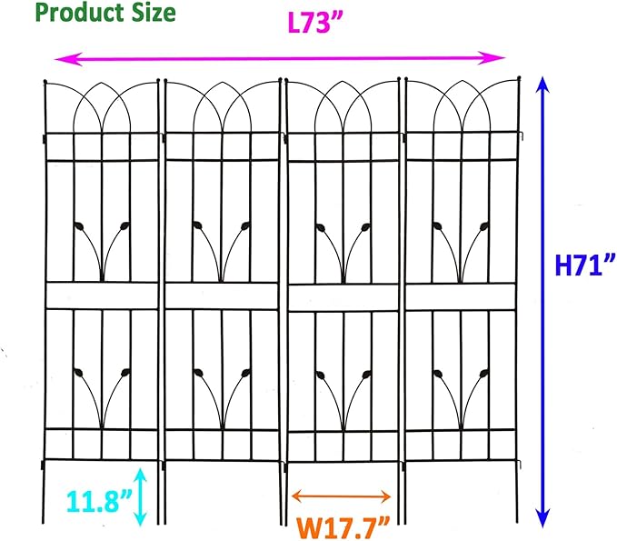4 Pack Metal Garden Trellis 71" Black Fence Rustproof Garden Trellis for Climbing Plants Support Roses Flower Outdoor Lawn, Black