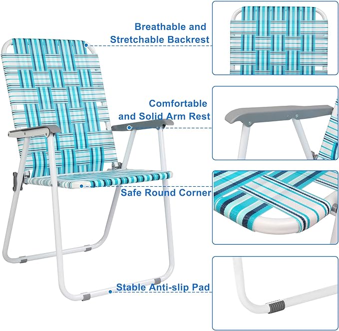 VINGLI Patio Lawn Webbed Folding Chairs Set of 2, Outdoor Beach Chair Portable Dining Chair for Outdoor Yard, Garden (White & Blue, Classic)
