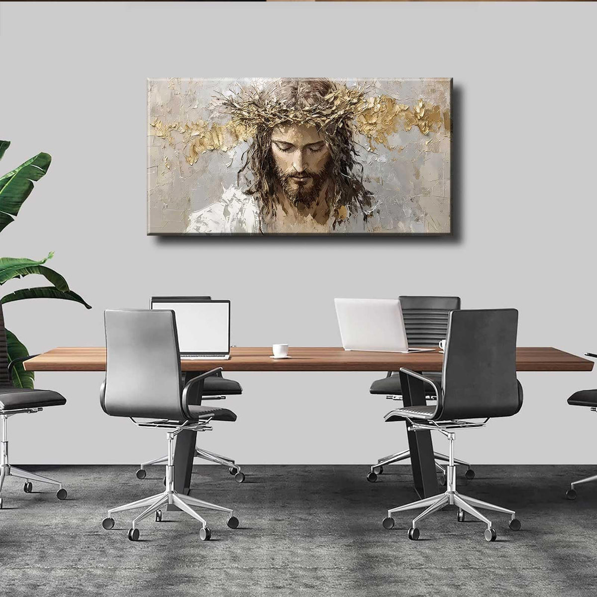 Large Jesus Portrait Canvas Wall Art Abstract Gold Thorns Jesus Painting Decor Pictures Beige Gray Christian God Posters Prints for Dining Living Prayer Room Kitchen Church Wall Bedroom Decoration