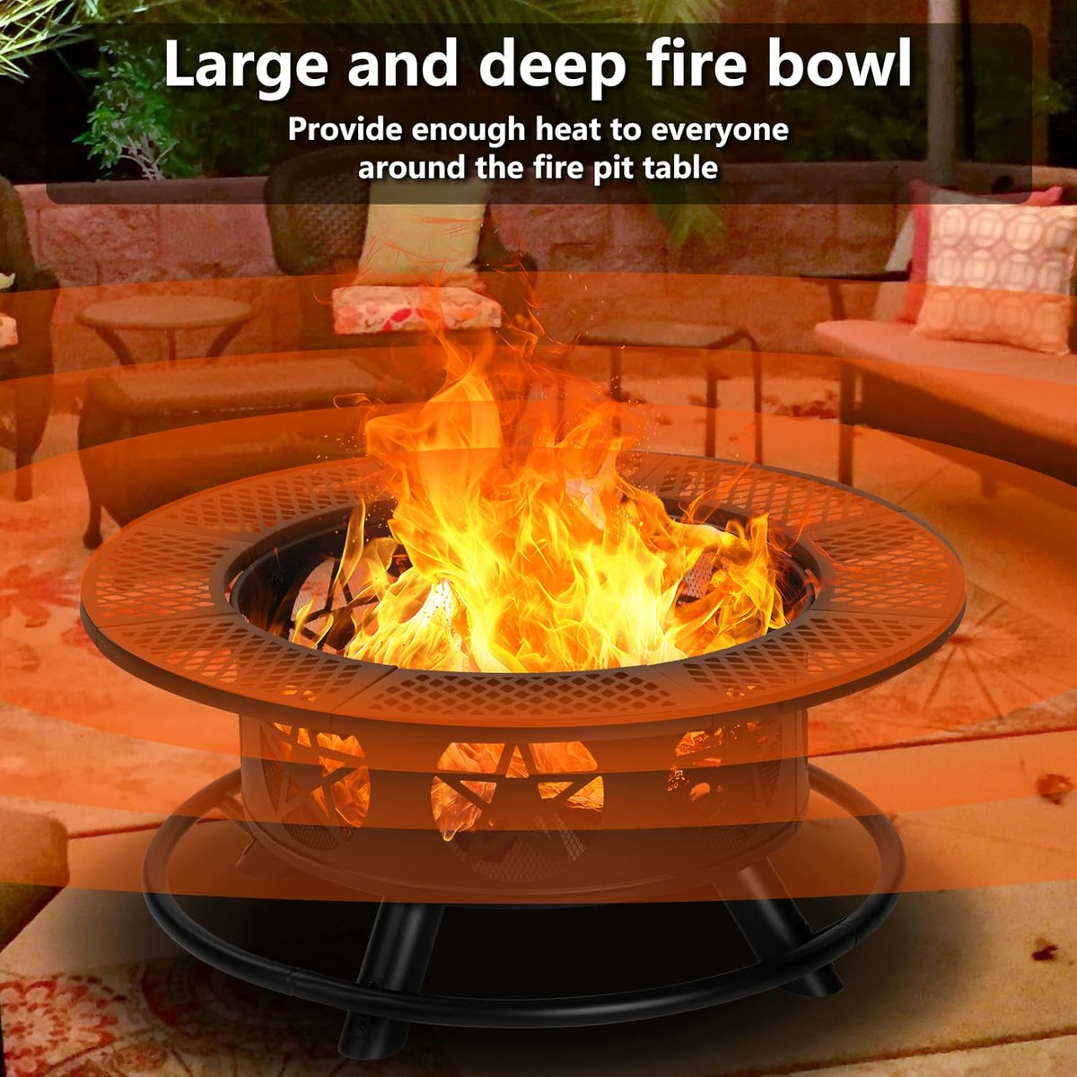 36 Inch Fire Pit with 2 Grills, Wood Burning Fire Pits for Outside with Lid & Poker, BBQ& Outdoor Firepit & Round Metal Table 3 in 1 for Patio, Picnic, Party