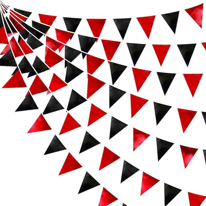 Red Black Party Decoration Metallic Fabric Triangle Pennant Banner Flag Bunting Garland for Graduation Halloween Birthday Wedding Bachelorette Anniversary Las Vegas Casino Poker Pirate Party Supplies