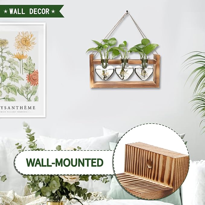 Plant Terrarium Propagation Stations Faith Hope Love Hydroponics Home Garden Decoration Gift for Women with Wooden Stand Heart Shaped Colored Glass Vase