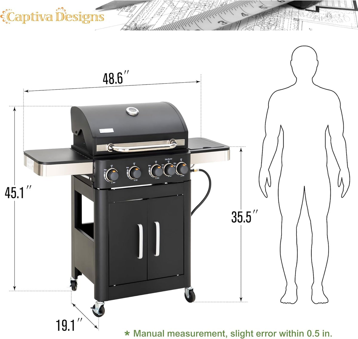 Captiva Designs 4-Burner Propane Gas BBQ Grill with Side Burner & Porcelain-Enameled Cast Iron Grates, 46,700 BTU Output for Outdoor Cooking Kitchen and Patio Backyard Barbecue, Black