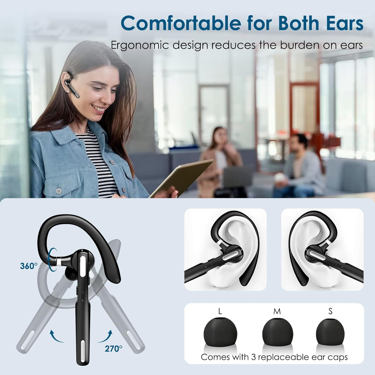 Bluetooth Headset, Wireless Bluetooth Earpiece V5.0 Hands-Free Earphones with Built-in Mic for Driving/Business/Office, Compatible with iPhone and Android (Black)