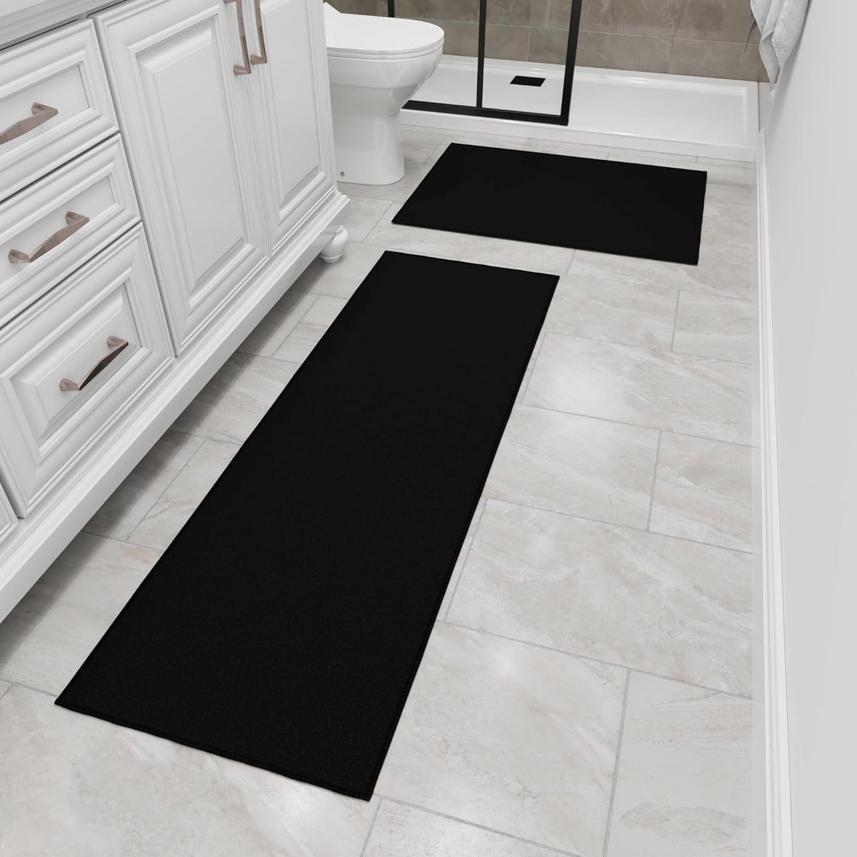 Ottomanson 2-Piece Kitchen Rug Set - Non Slip, Runner & Small Area Rug - Solid - 20" x 59" & 2'3" x 3' - Durable, Stain Resistant for Entryway, Bedroom and Bathroom, Black