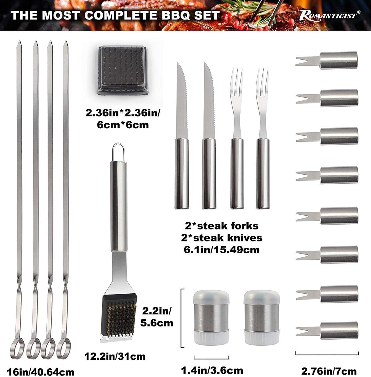 ROMANTICIST 28pcs BBQ Accessories Set with Thermometer - The Very Best Grill Gift on Birthday Wedding - Heavy Duty Stainless Steel Grill Set in Case for Outdoor Cooking Camping Grilling Smoking